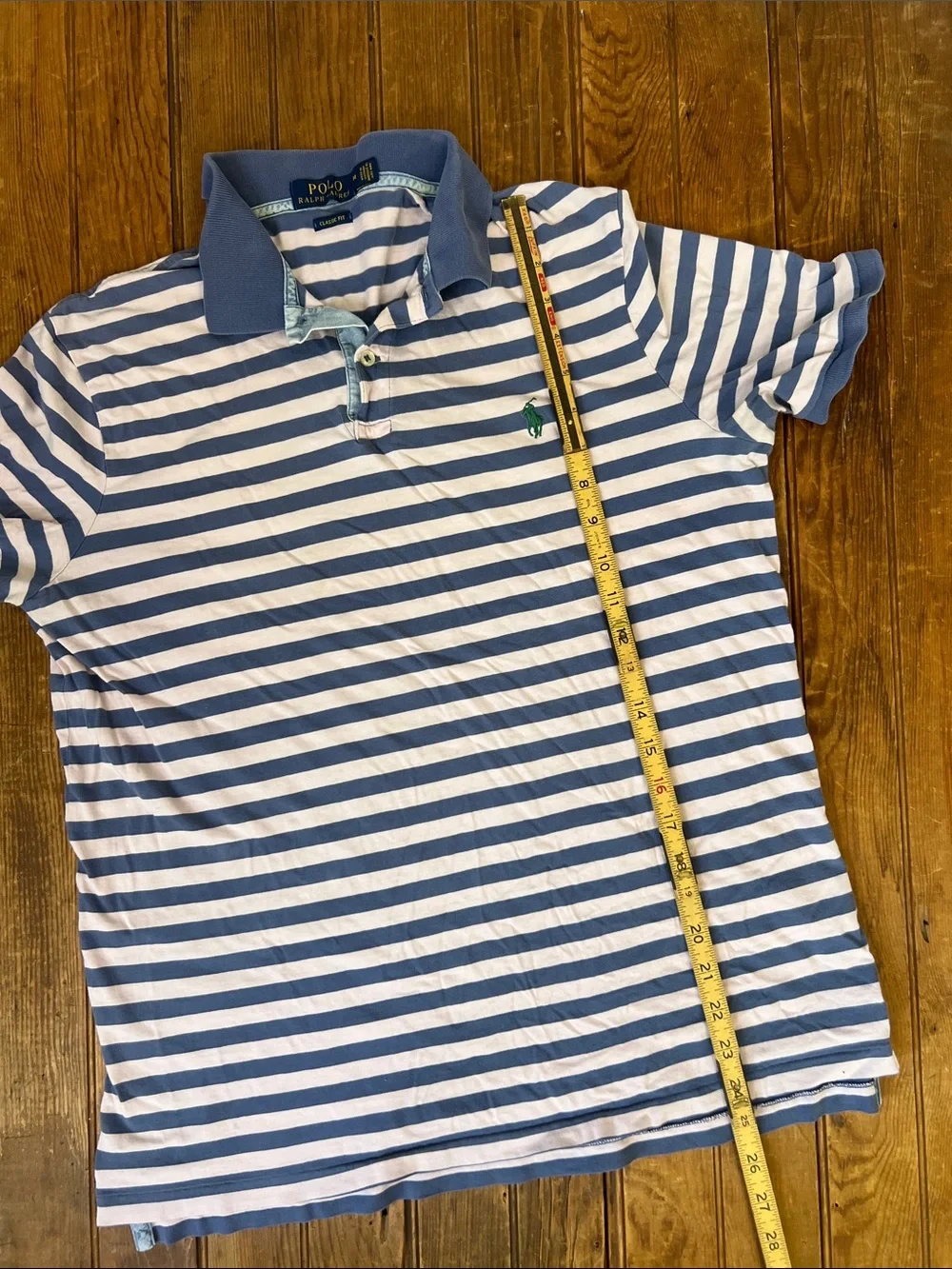 Vintage Ralph Lauren men’s Striped Polo Shirt in Blue & White with Green Pony